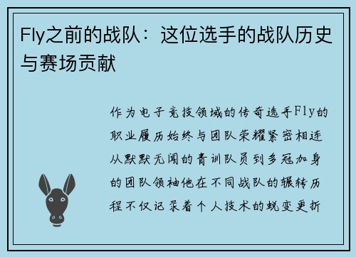 Fly之前的战队：这位选手的战队历史与赛场贡献