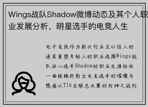 Wings战队Shadow微博动态及其个人职业发展分析，明星选手的电竞人生