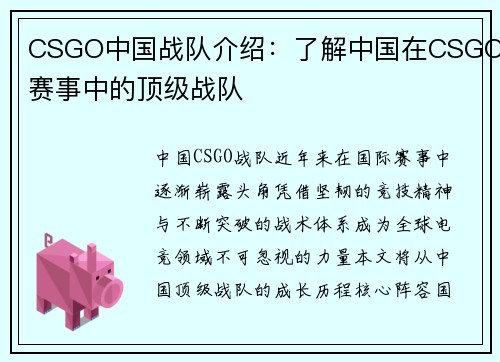CSGO中国战队介绍：了解中国在CSGO赛事中的顶级战队