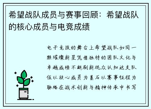希望战队成员与赛事回顾：希望战队的核心成员与电竞成绩