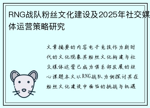 RNG战队粉丝文化建设及2025年社交媒体运营策略研究