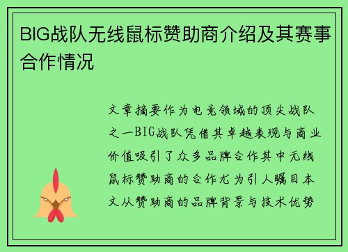 BIG战队无线鼠标赞助商介绍及其赛事合作情况